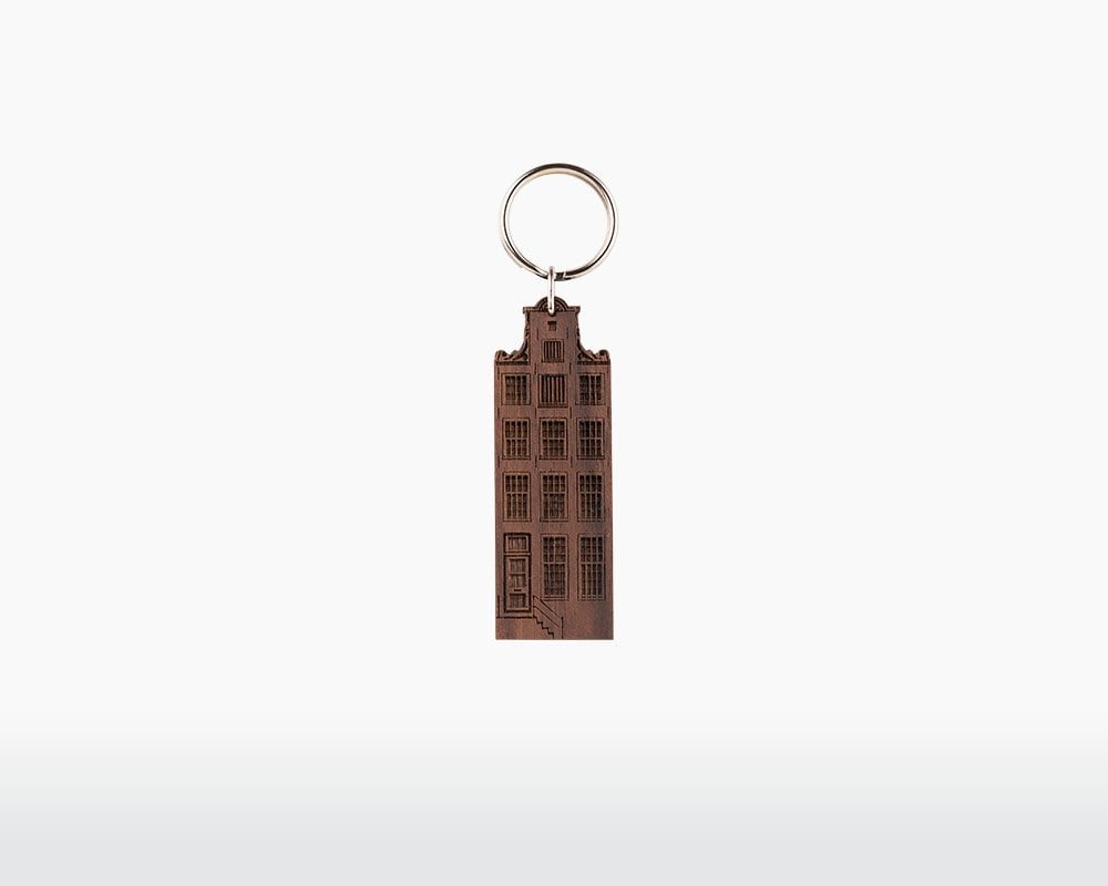 Amsterdamer Grachtenhaus-Schlüsselanhänger – Oude Turfmarkt 143 – Walnuss